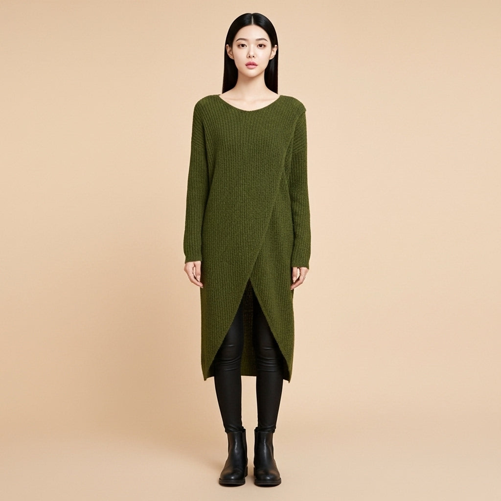 Asymmetric knit jumper dress in olive green worn by a standing model facing front, showing a round neckline, diagonal asymmetric overlay, ribbed knit texture, long sleeves, straight fit shape, and midi-length hem