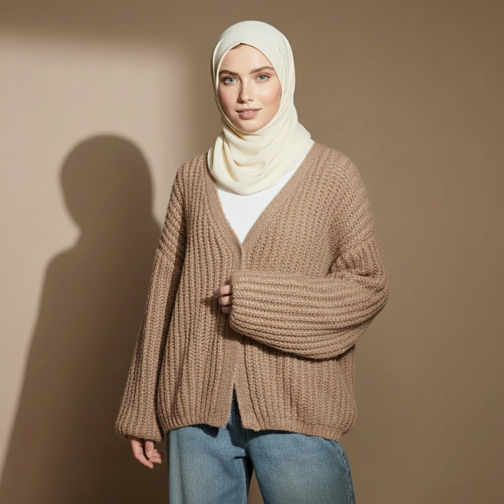 Oversize knit cardigan in khaki worn by a standing close-up model, showing a chunky knit weave, deep v-neck opening, relaxed sleeves, and oversized drape