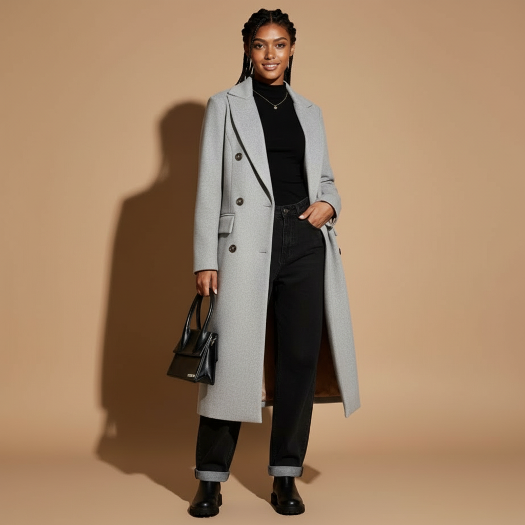 Long double breasted coat in khaki worn by a standing model facing front, showing a structured tailored silhouette, double breasted button closure, notch lapels, straight longline length, smooth wool-like texture, full-length sleeves, and hem falling below the knee