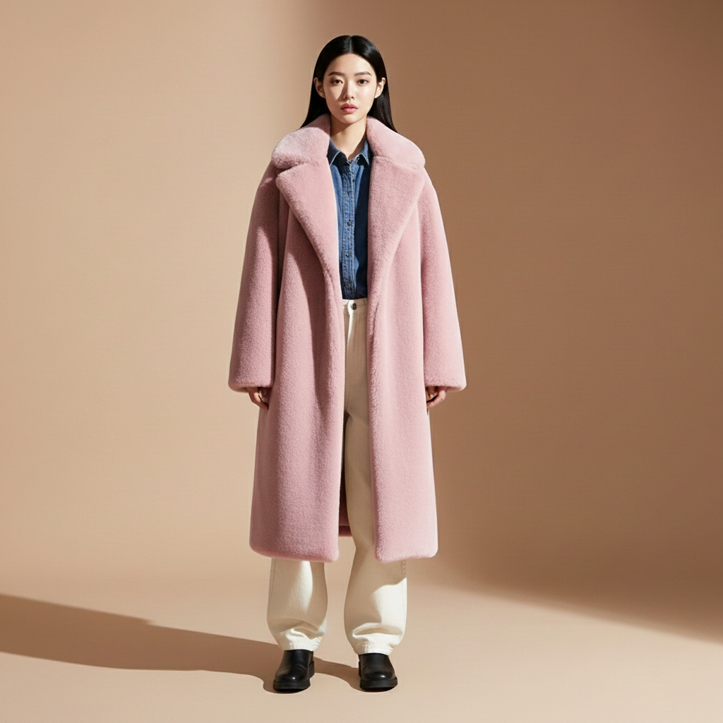 Belted faux fur longline coat in pink worn by a standing model facing front, showing thick faux fur texture, wide collar detail, loose longline silhouette, full-length sleeves, straight front opening, and hem extending below the knee