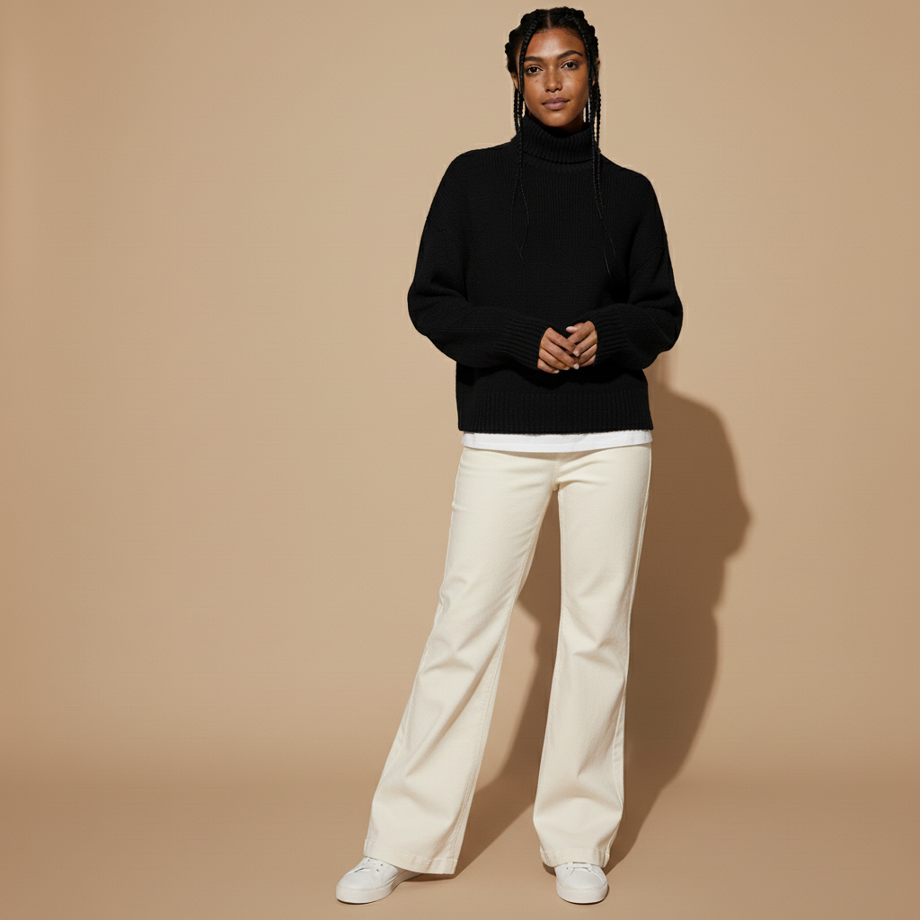 Roll neck oversized jumper in black  shown from the front on a standing model, highlighting the oversized silhouette and ribbed roll neckline