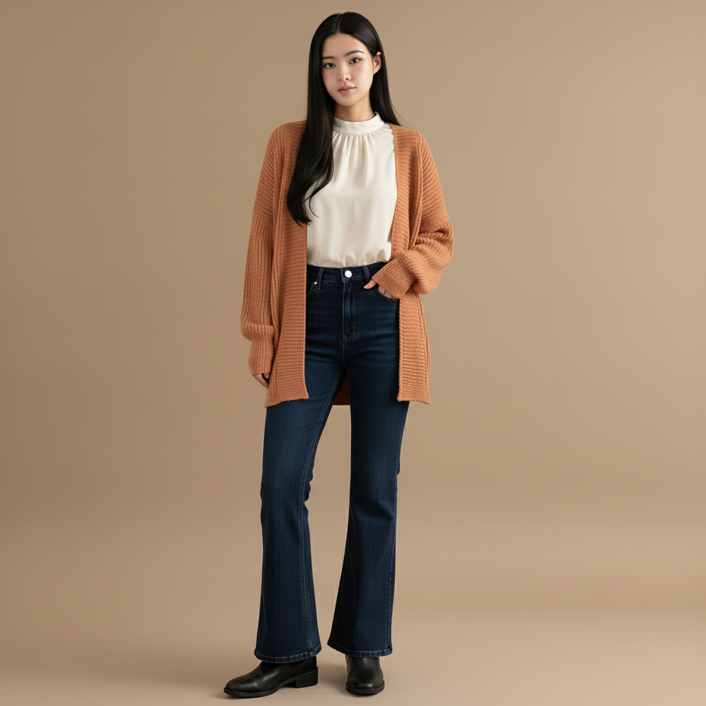 Oversized knit cardigan in khaki worn by a standing model, showing a loose fit, wide sleeves, and front button closure