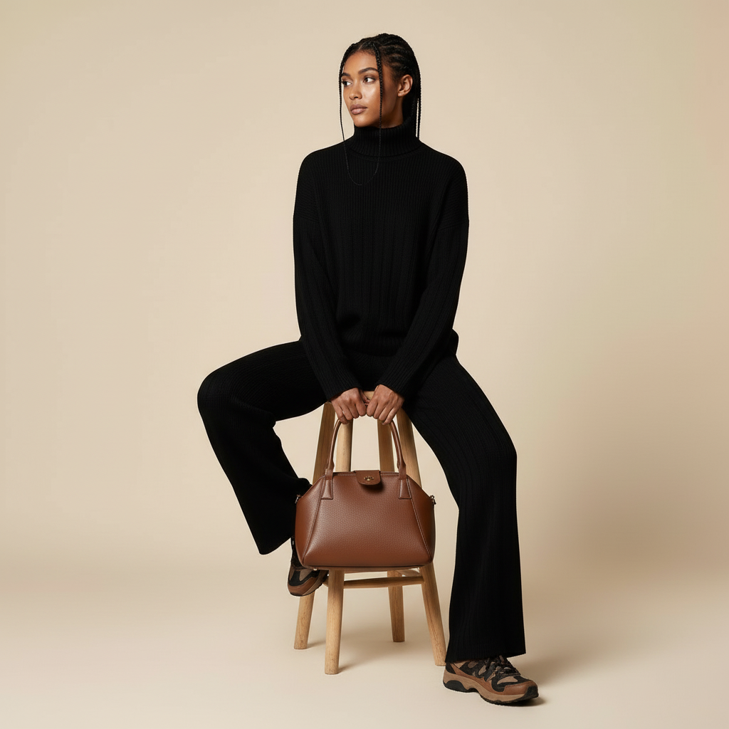 Ribbed co-ord set in black worn by a seated model, showing a relaxed two-piece shape, ribbed knit construction, long-sleeve high-neck top, wide-leg trousers, and fluid drape
