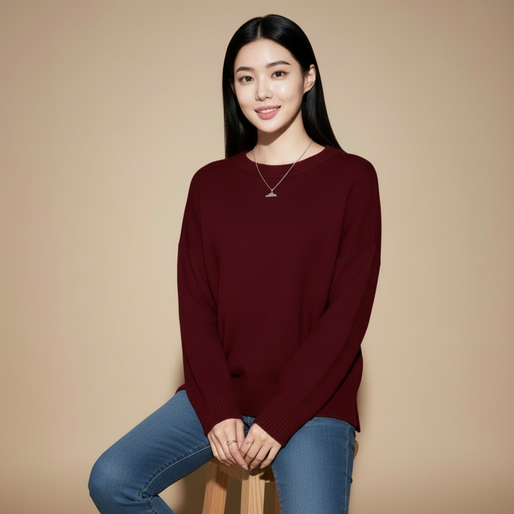 Oversized fluffy jumper in dark red shown in an upper-body view on a model, highlighting the crewneck neckline and soft knit texture