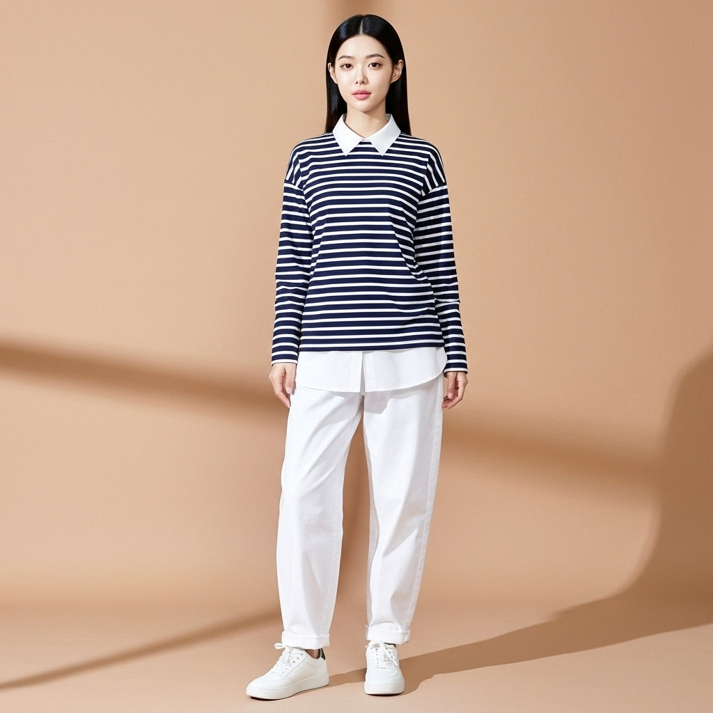 Cotton striped long sleeve shirt in black and white worn by a standing model facing front, showing horizontal stripe pattern, white collar layer, relaxed straight silhouette, straight hemline, and full-length sleeves