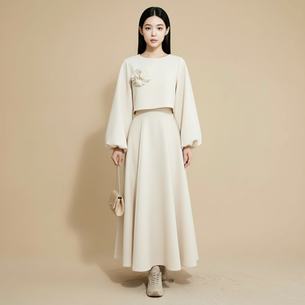 Skirt co-ord set in white worn by a standing model, showing a softly flared maxi skirt, long loose sleeves, cropped top length, round neckline, and raised floral embellishment