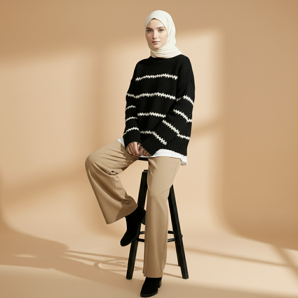 Striped crewneck jumper in black worn by a seated model on a stool, showing horizontal white stripes, relaxed fit, and long sleeves