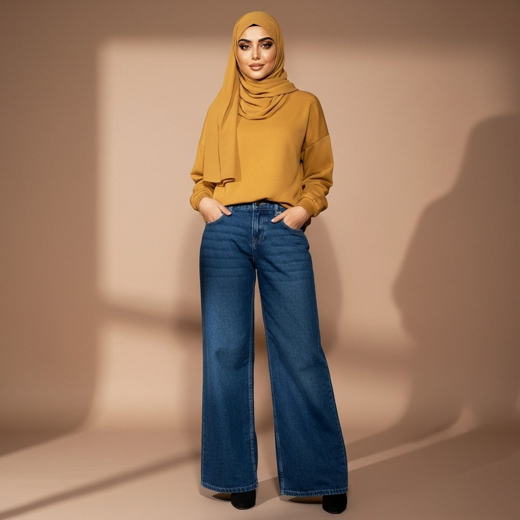 Low waist baggy jeans in sky blue worn by a standing model facing front, showing a low-rise waistband, relaxed loose fit, wide leg cut, vintage wash denim texture, full-length legs, and clean hem finish