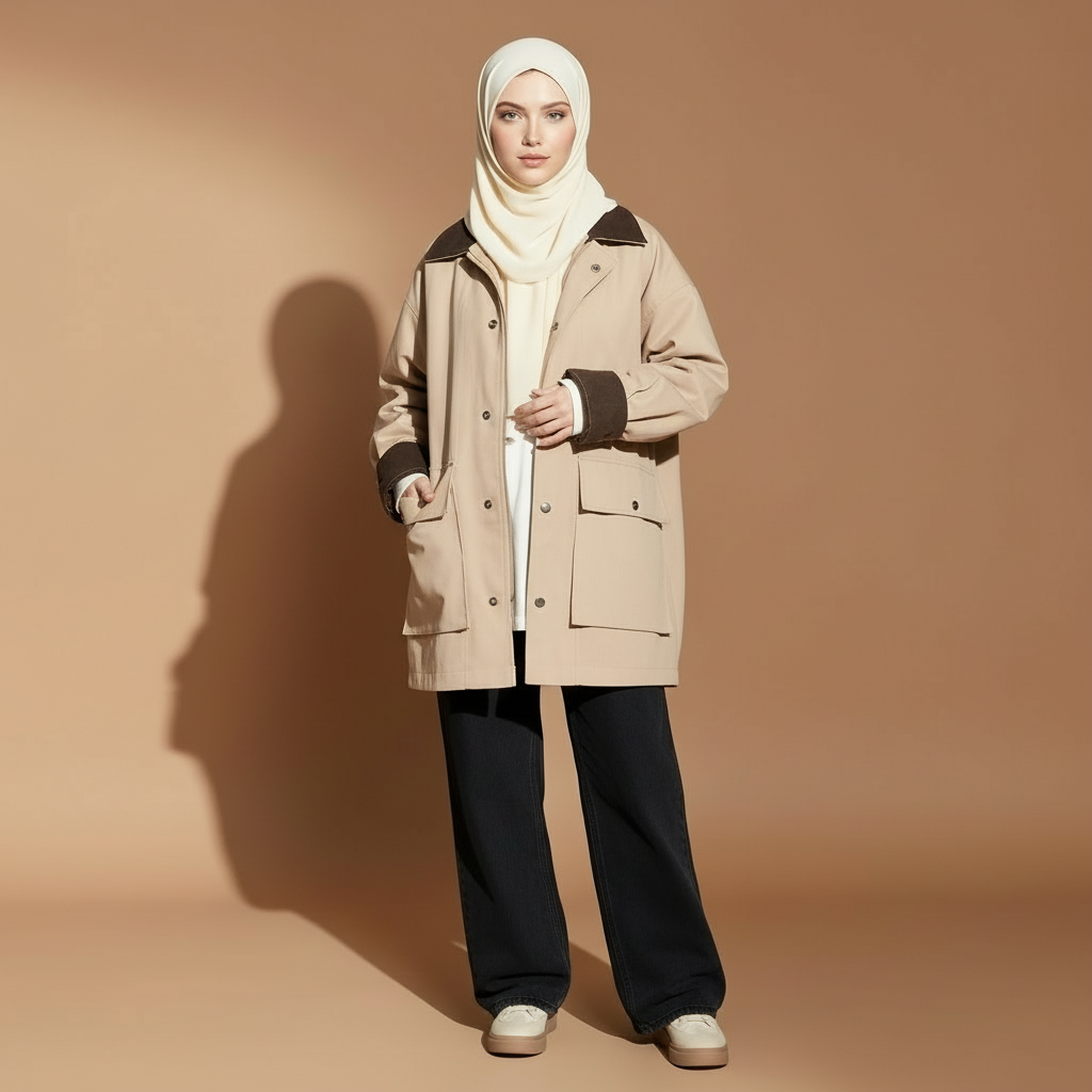 Utility jacket in light beige worn by a standing model, showing a boxy silhouette, corduroy collar contrast, front button fastening, oversized sleeves, and straight modest-length hem