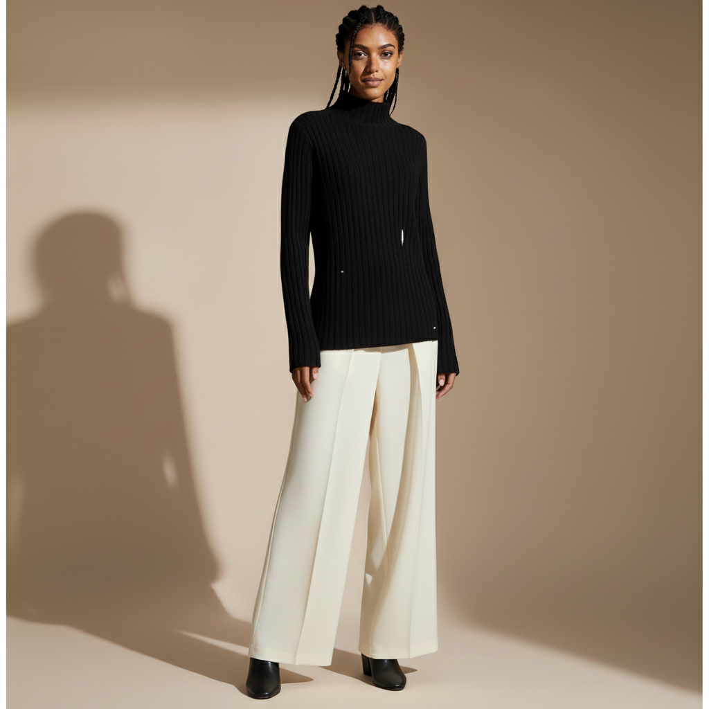 Ribbed knit roll neck jumper in black worn by a standing model, showing vertical rib texture, long sleeves, and high neckline