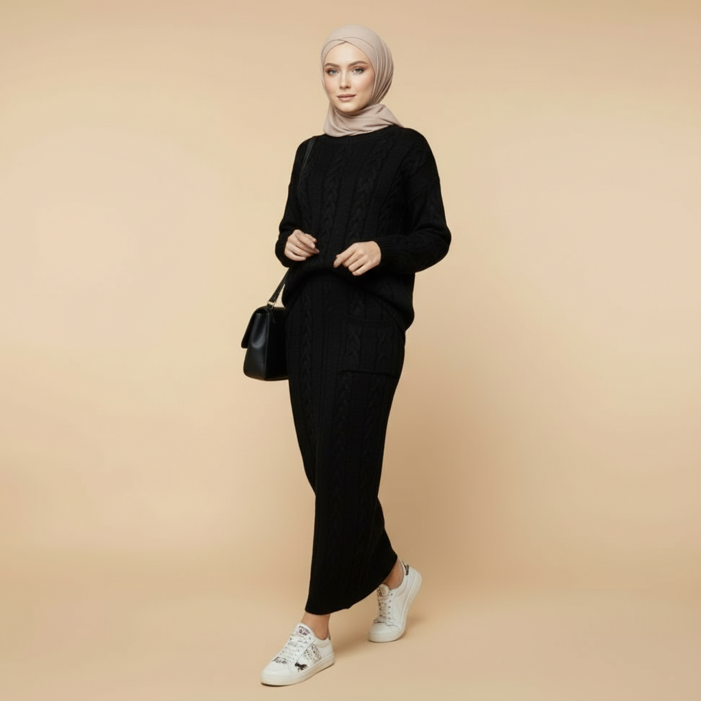 Knit skirt co-ord set in black worn by a standing model in side profile, showing a smooth knit long-sleeve top, straight maxi skirt, clean hem finish, long sleeves, and minimal structured shape