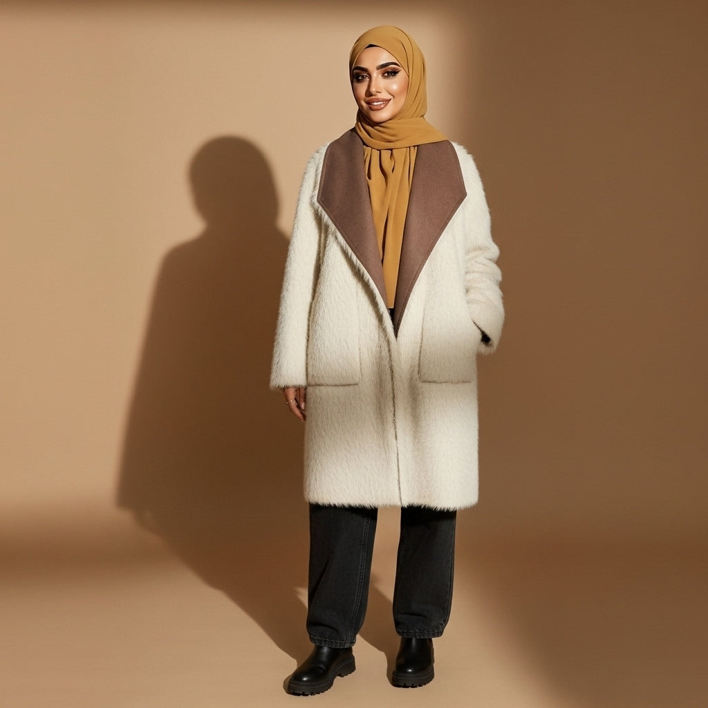 Faux shearling coat in cream worn by a standing hijabi model facing front, showing the reversed double-face exterior, smooth plush cream surface, contrasting brown inner lapel facing, straight longline silhouette, full-length sleeves, and hem falling below the knee