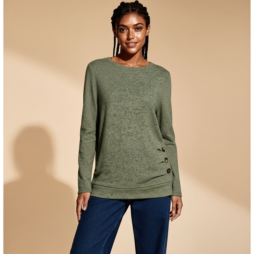 Long sleeve ruched top in olive green worn by a standing model facing front, showing a clean crew neckline, straight long sleeves, side-button ruched hem detail, soft draped silhouette, and straight hem finish