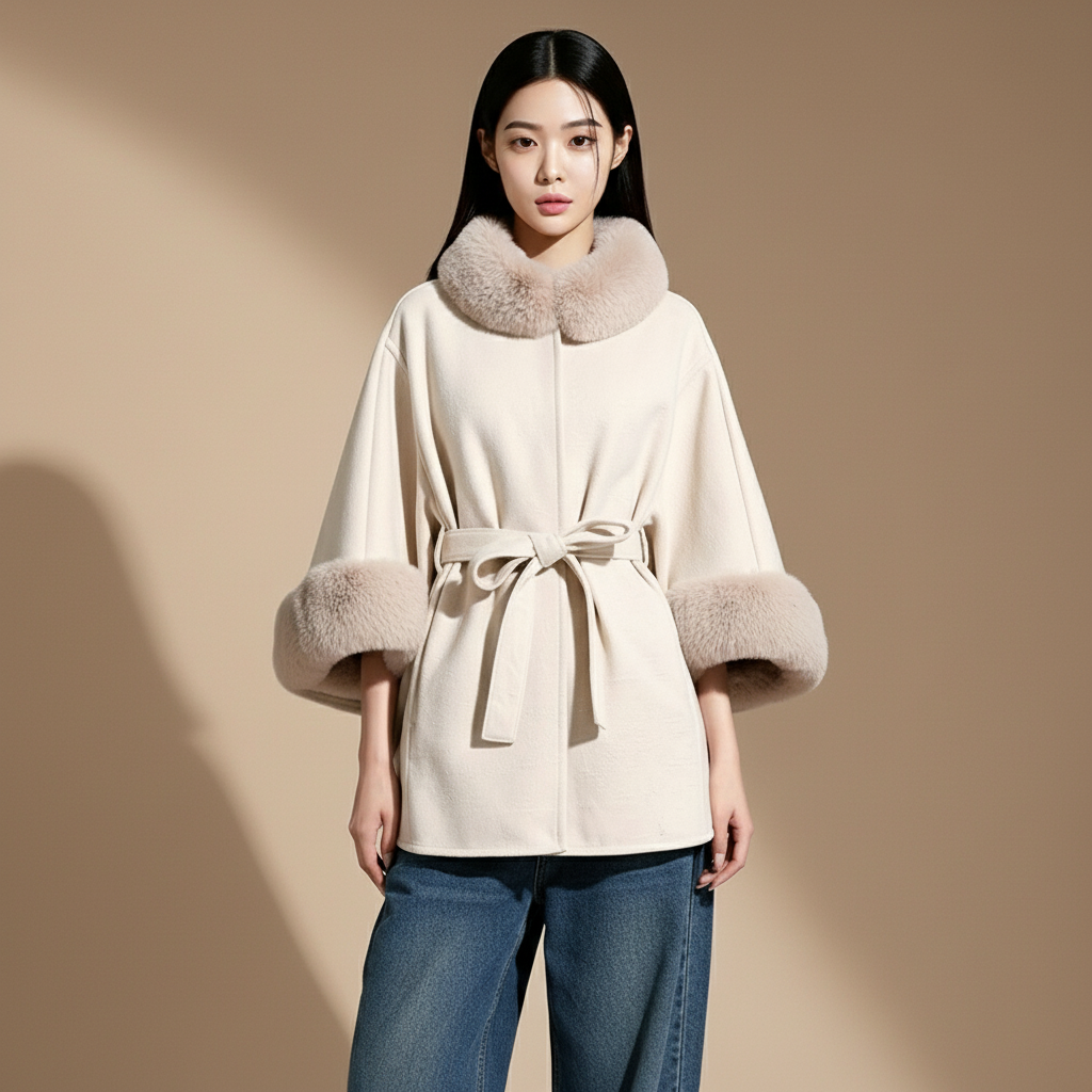Cape coat with belt in white worn by a standing model, showing a structured cape form, faux fur collar and cuffs, tie belt closure, wide sleeves, and clean straight hem