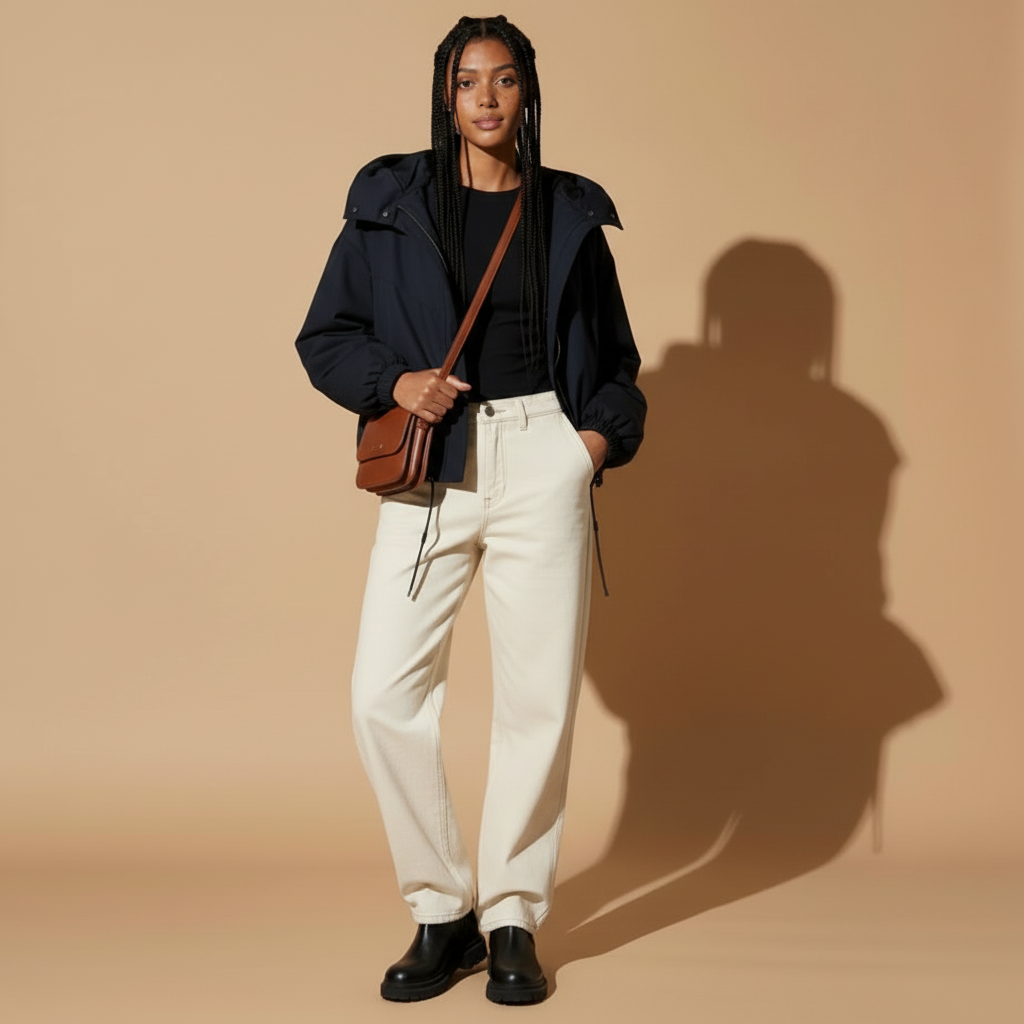 Short padded jacket in black worn by a standing model, showing a loose cropped silhouette, oversized hood, padded structure, long sleeves, and straight hem