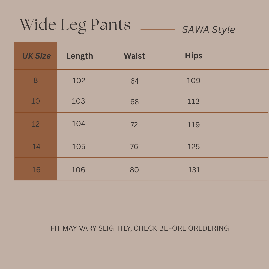Size Guide for Calm Line – High Waist Wide Leg Trousers