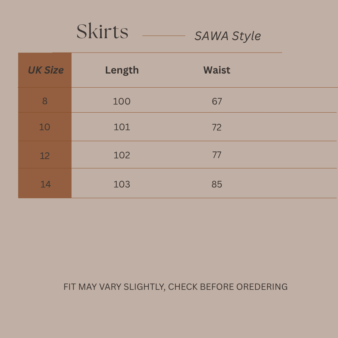 Size Guide for Desert Tier – Tiered Maxi Skirt