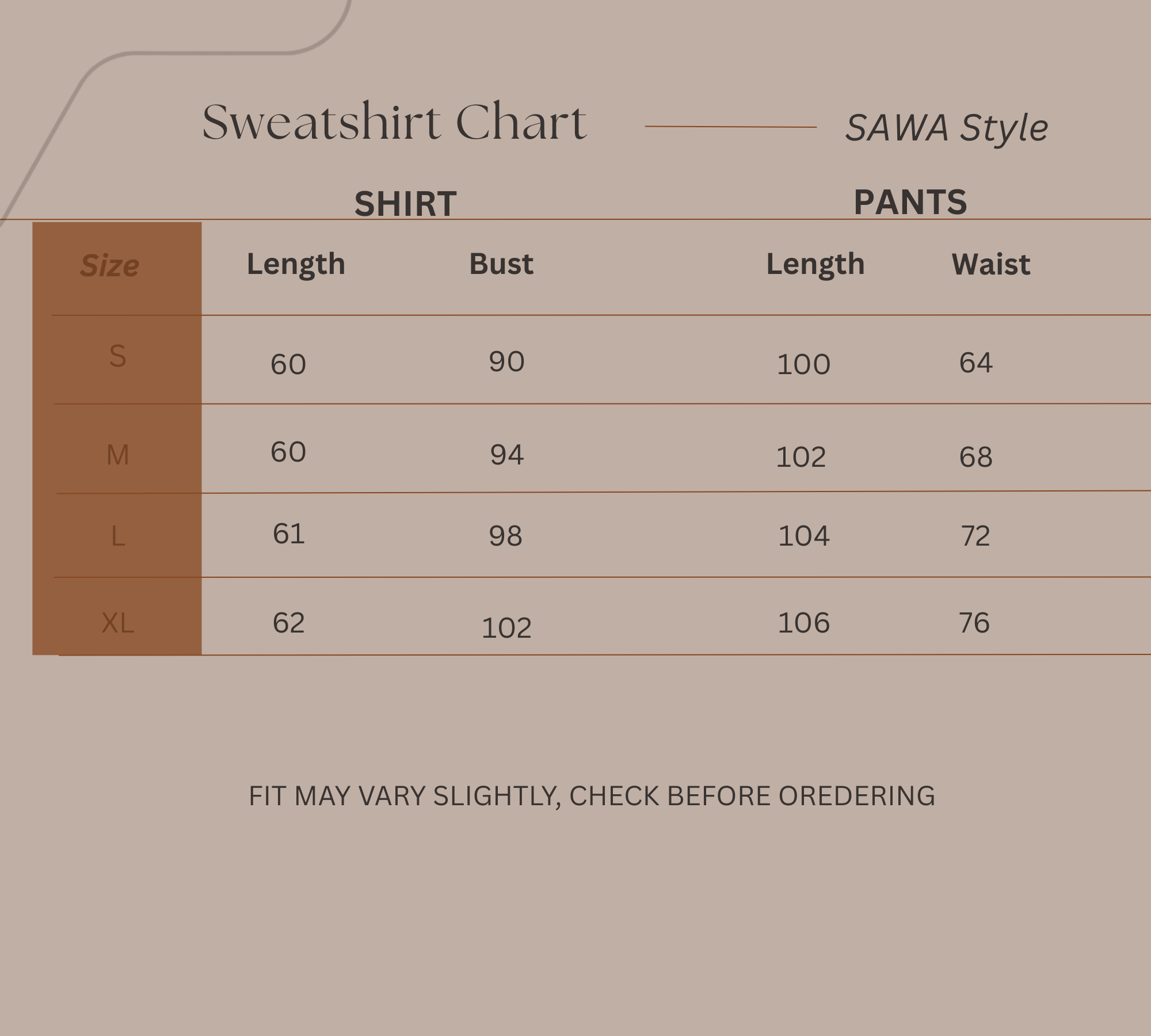Size Guide for Quiet Balance - Ribbed Tracksuit Set