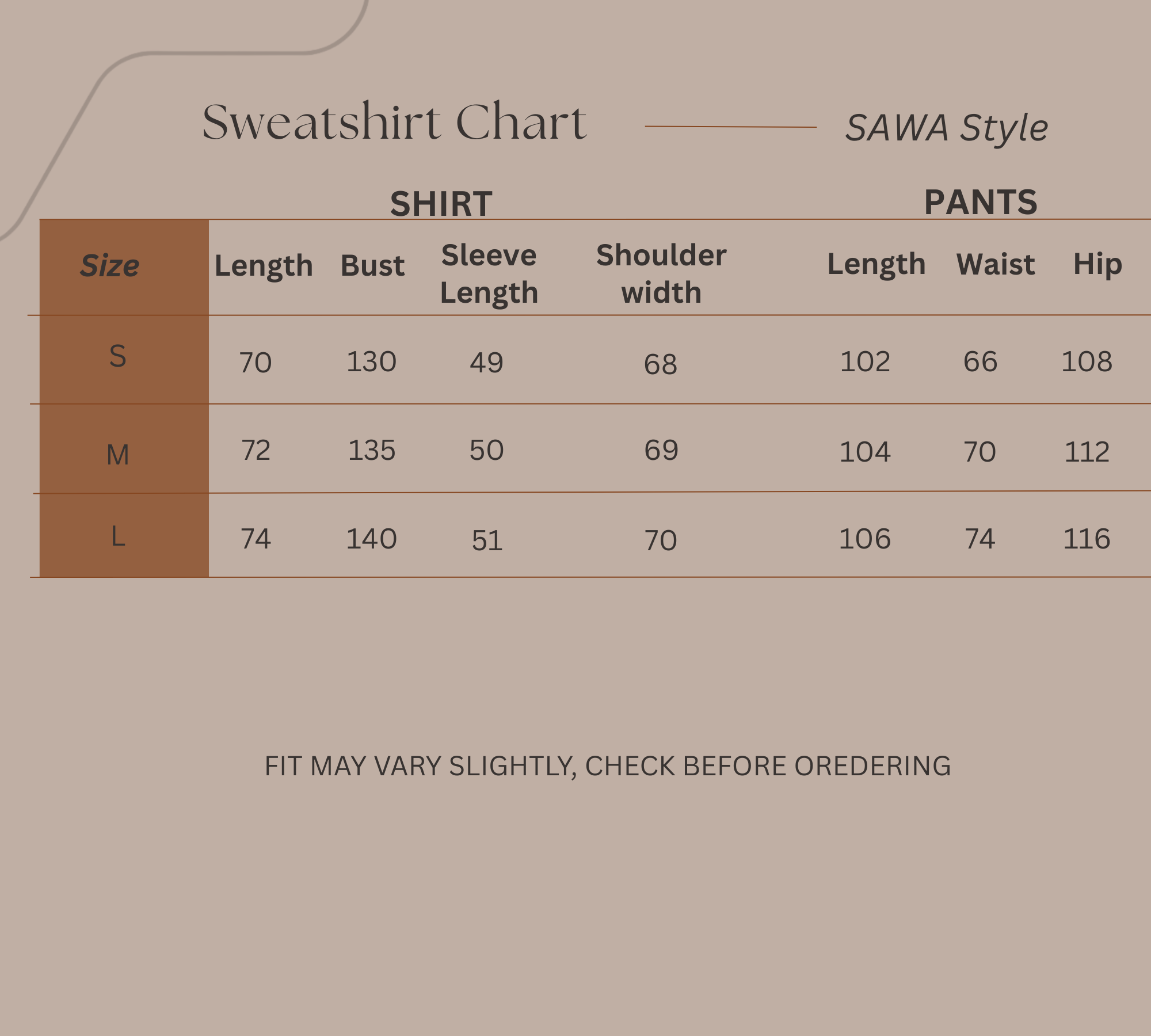 Size Guide for Soft Structure - Tracksuit Set